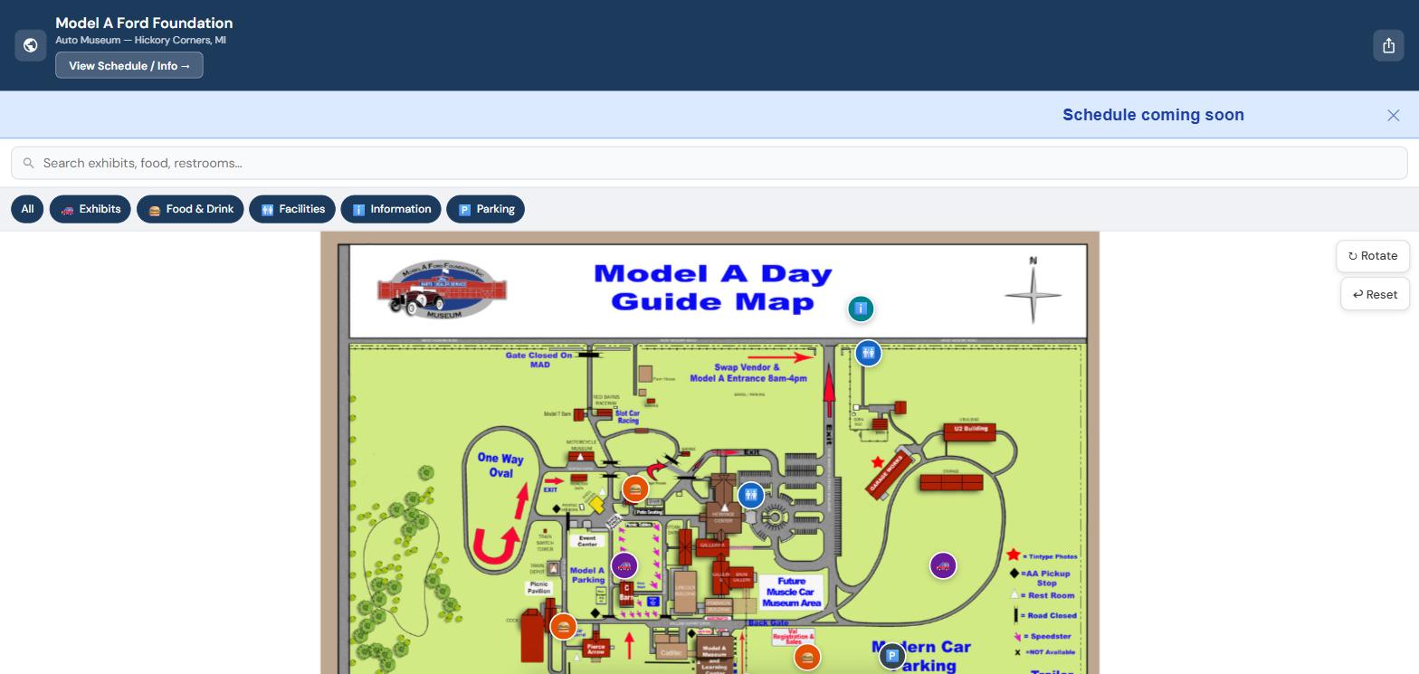 Model A Ford Foundation venue map showing interactive POI markers, search bar, category filter chips, and schedule banner — a live TapTheMap guest experience